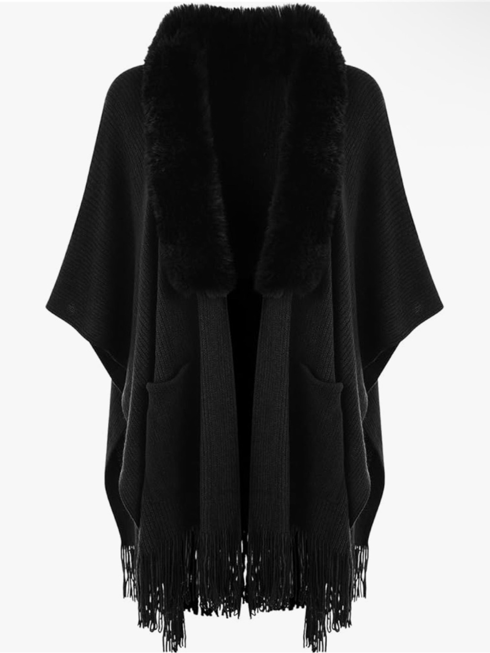 NWOT Black Faux-Fur Trim Open Front Poncho Sweater - shawl wrap